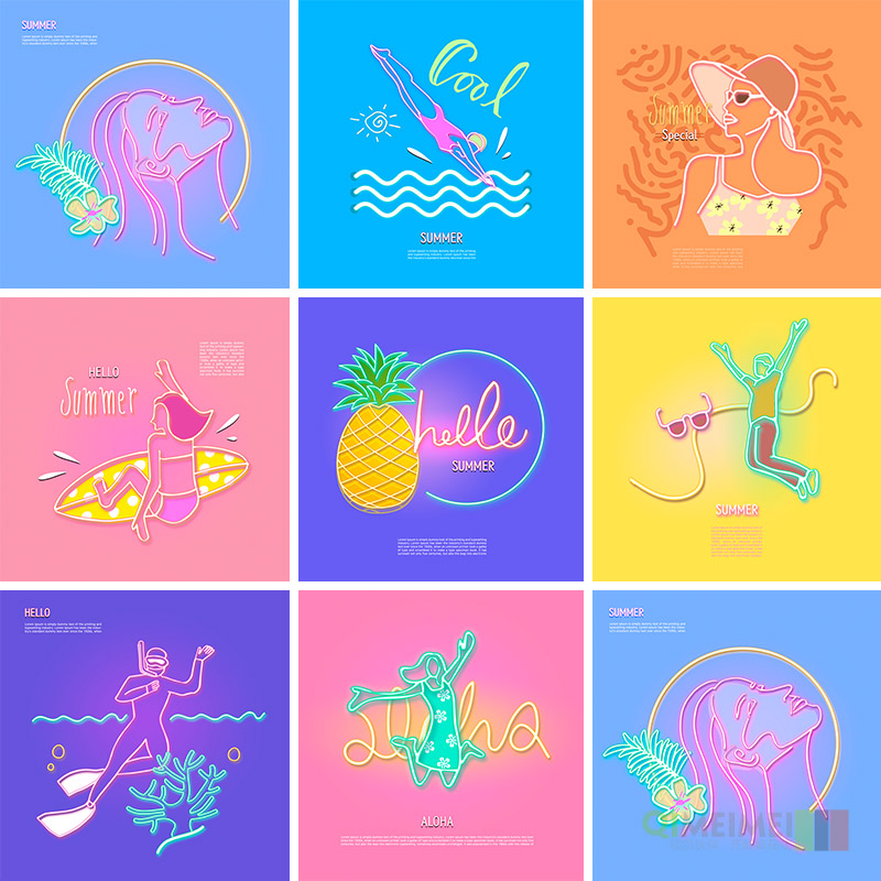 创意彩色夏天霓虹灯风格旅行度假水果海报背景psd设计素材962506