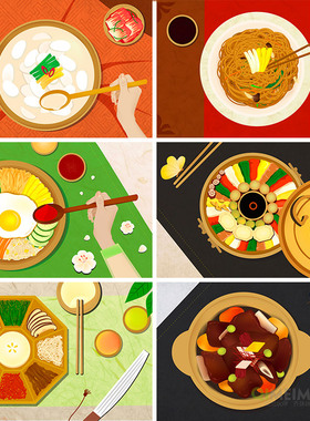 手绘韩国传统餐饮美食拉面鸡汤石锅拌饭海报AI矢量设计素材122506