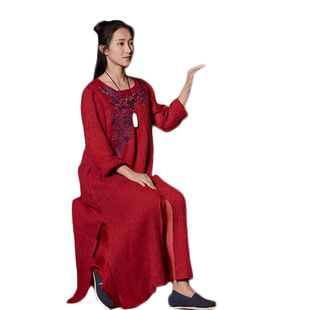 慈缘秋季新款中国风连衣裙本命年红色2026绣花长裙棉麻女装30883