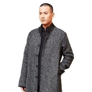 慈缘原创中国风毛呢男装大衣秋冬季中长款立领宽松带帽可拆卸外套