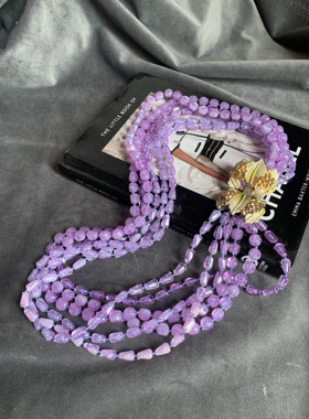 紫藤色串珠卡扣珐琅叶子项链