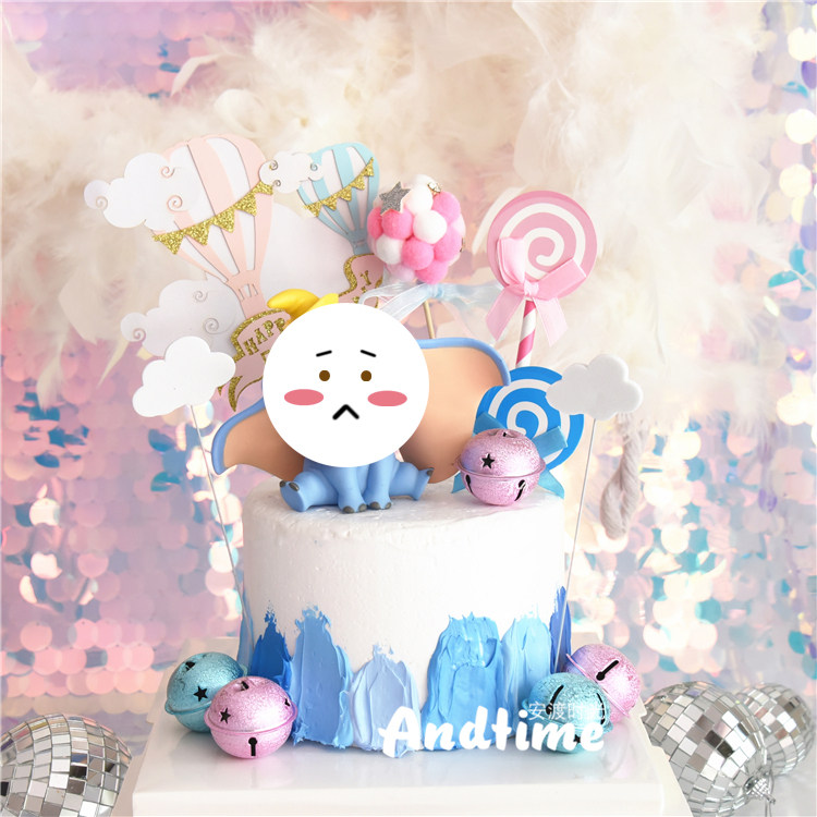 蓝色小飞象丹波儿玩偶摆件棒棒糖铃铛云朵插牌插件烘焙蛋糕装饰