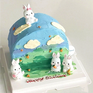 饰摆件树脂蝴蝶结粉色黄色兔女孩生日蛋糕装 挎包小兔子蛋糕装 饰
