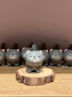 小猫纯手工实木雕刻工艺品客厅办公室桌面摆件家居饰品小礼物蓝猫