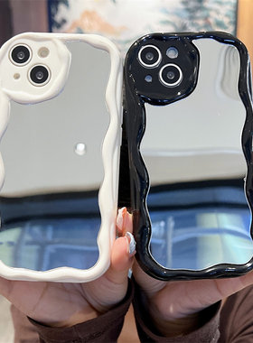 银色电镀镜面适用于iphone15手机壳14proMAX波浪奶油纹13镜头全包苹果12补妆镜子8plus硅胶套7P简约个性6潮女