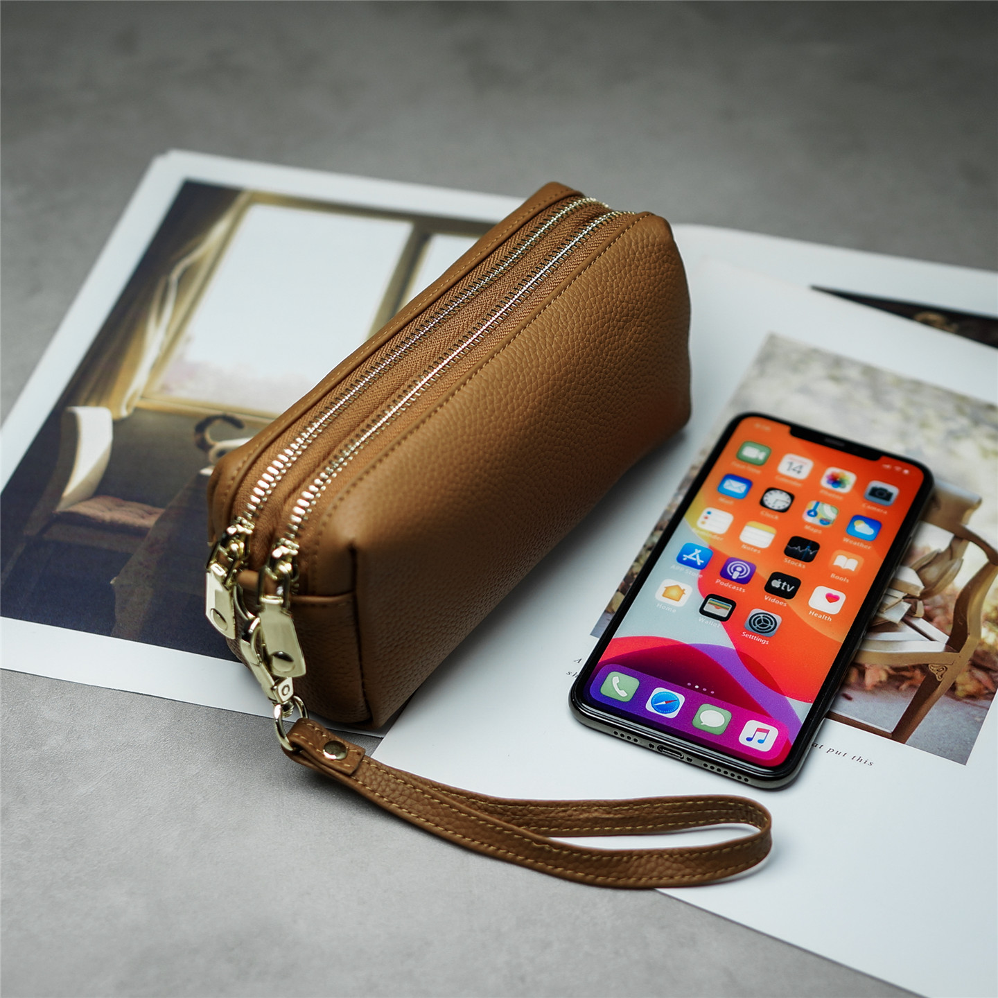 2025新款真皮大容量双拉链零钱包女百搭高级感手拿包手拎包放手机