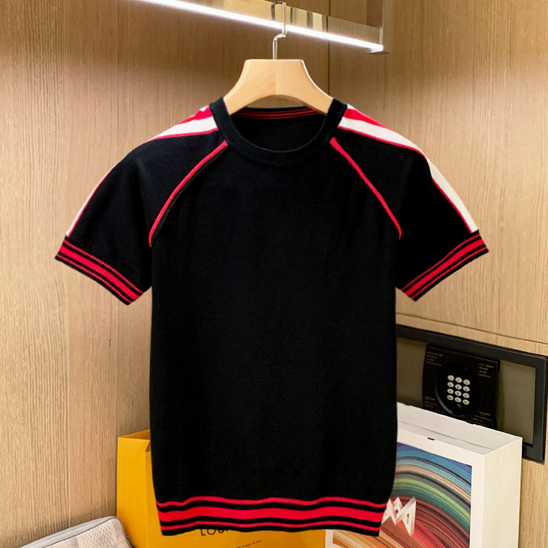 夏季新款高端潮牌男装修身针织衫个性时尚条纹撞色拼色圆领t恤男