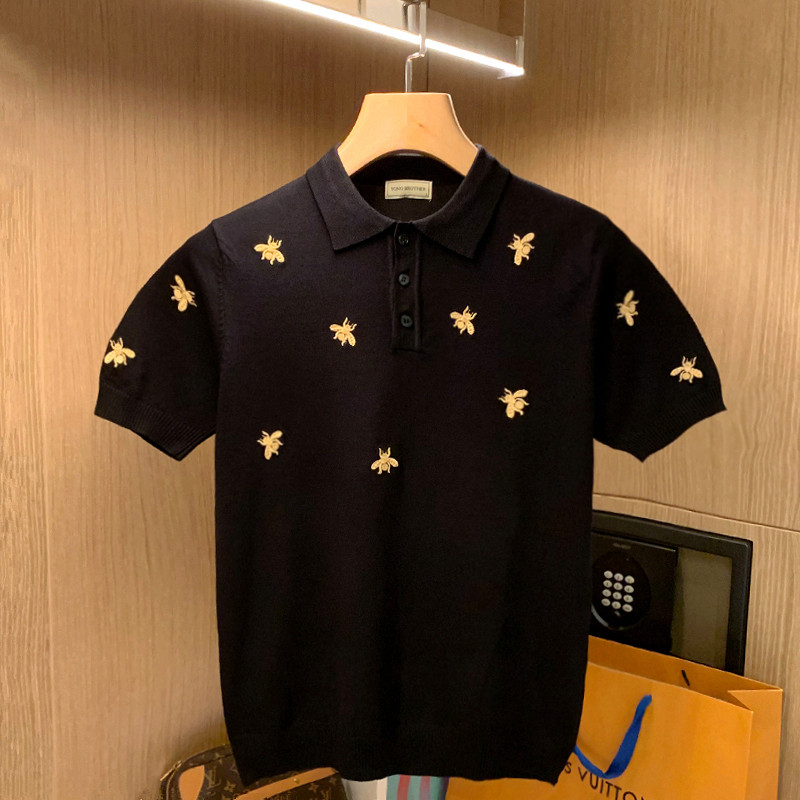 潮流轻奢小蜜蜂刺绣透气针织潮牌高端潮流polo衫夏装短袖t恤男款
