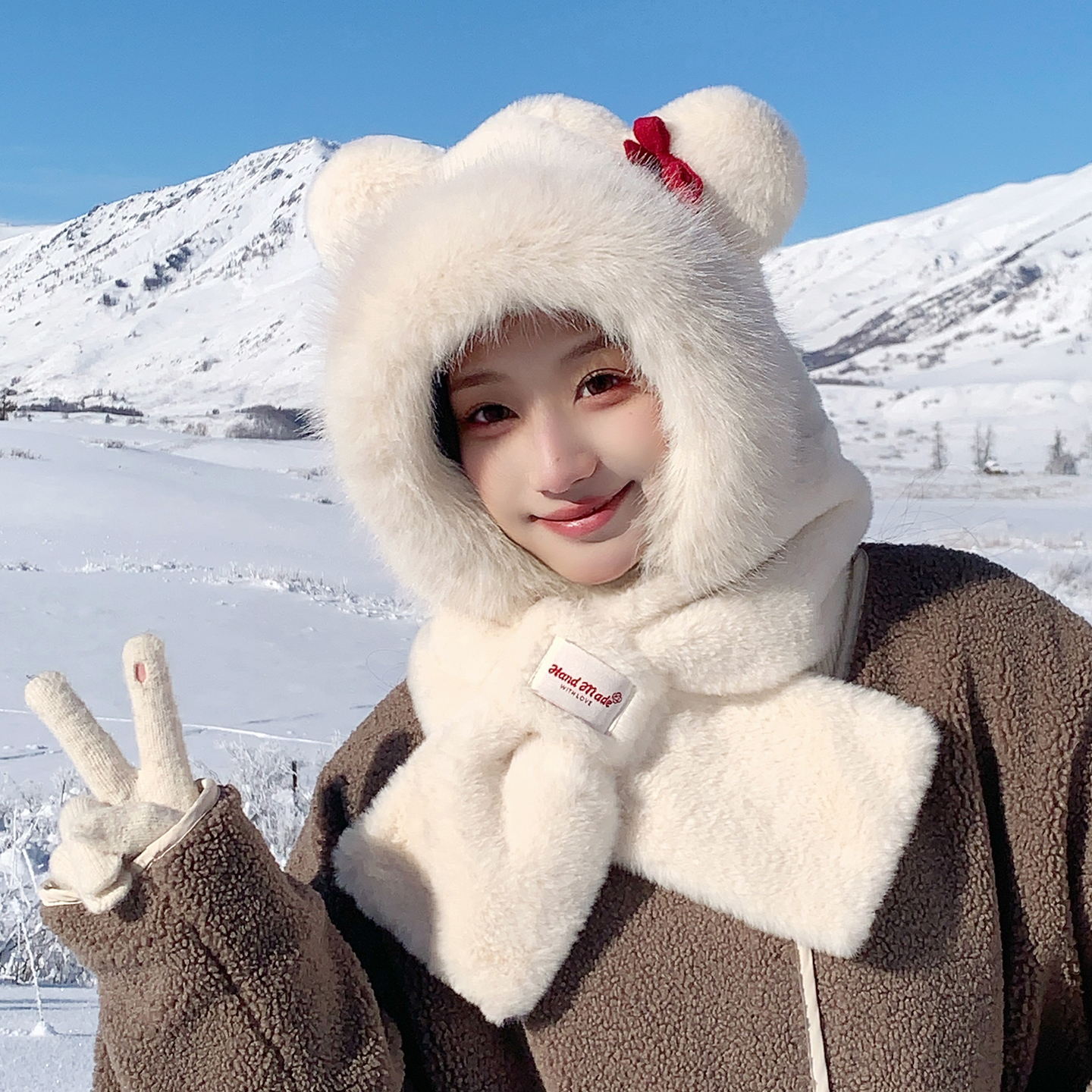 可爱小熊帽子围巾一体女士连帽冬