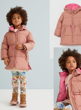 瑕疵亏本清H家女童中长款棉服冬季连帽棉衣洋气防水收腰保暖外套
