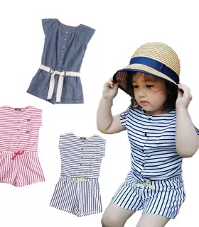 女童春夏洋气连体裤法单OK家全棉连体短裤柔软舒适条纹连身衣