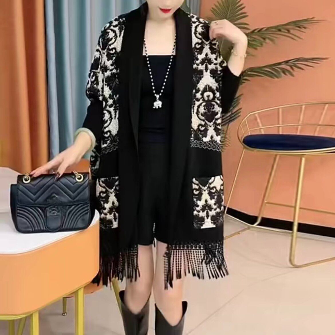 中年妈妈装洋气新款针织衫披肩外套中老年女士春秋季时尚长款外搭