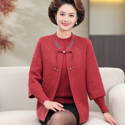 中老年女装洋气针织开衫喜婆婆婚宴礼服妈妈秋装新中式毛衣两件套