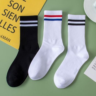 长袜 秋冬款 双杠袜子女中筒ins潮春秋季 棉袜黑白色女士搭配鲨鱼裤