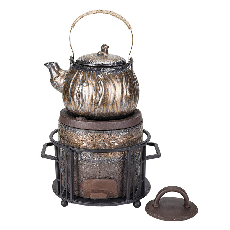 围炉煮茶壶明火碳火侧把公道杯粗陶鎏金铁釉茶壶带过滤嘴家用茶罐图片