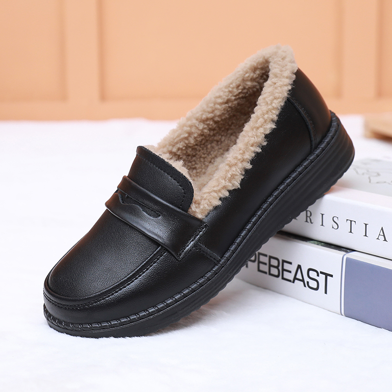 真皮加绒乐福鞋黑色小皮鞋