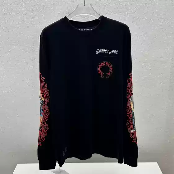 Trendy Brand 2026 New Style Sanskrit Letter Print Beautiful Girl Flower Arm Cross Unisex Fashion Casual Long-Sleeve T-Shirt