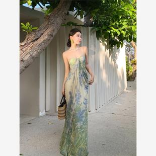 绝美吊带长裙海边度假绿色印花连衣裙海岛裙三亚拍照沙滩裙子 法式