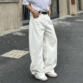 飞型记全棉白色阔腿弯刀牛仔裤 子 分割设计cleanfit百搭休闲长裤