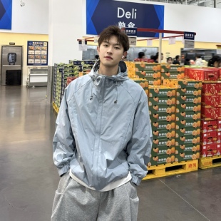 蓝色机能风冲锋衣外套 户外运动夹克外套男工装 飞型记2026春季 新款