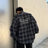 男潮牌重磅宽松翻领刺绣外套潮 复古绣花格子衬衫 飞型记秋季 美式