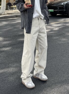 飞型记米白色直筒牛仔裤男士2026新款夏季休闲宽松浅色百搭长裤子