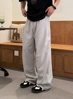 休闲慵懒风宽松卫裤男百搭松紧腰直筒灰色长裤薄款
