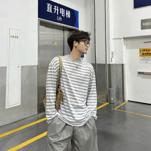 飞型记慵懒松弛感条纹长袖T恤男夏季薄款宽松休闲灰色百搭上衣