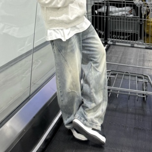 复古直筒水洗休闲阔腿长裤 美式 男秋季 飞型记立体剪裁弯刀牛仔裤