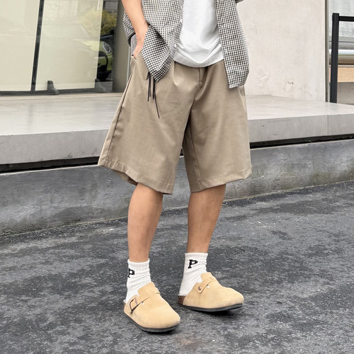 飞型记美式复古咖色五分裤男夏季宽松百搭休闲短裤潮流简约裤子