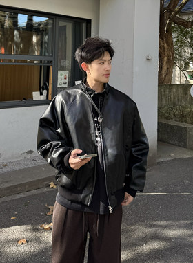 飞型记复古做旧手工插色立领羽绒服男冬季短款黑色机车服皮衣外套