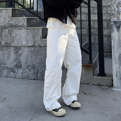 美式风白色宽松直筒休闲裤