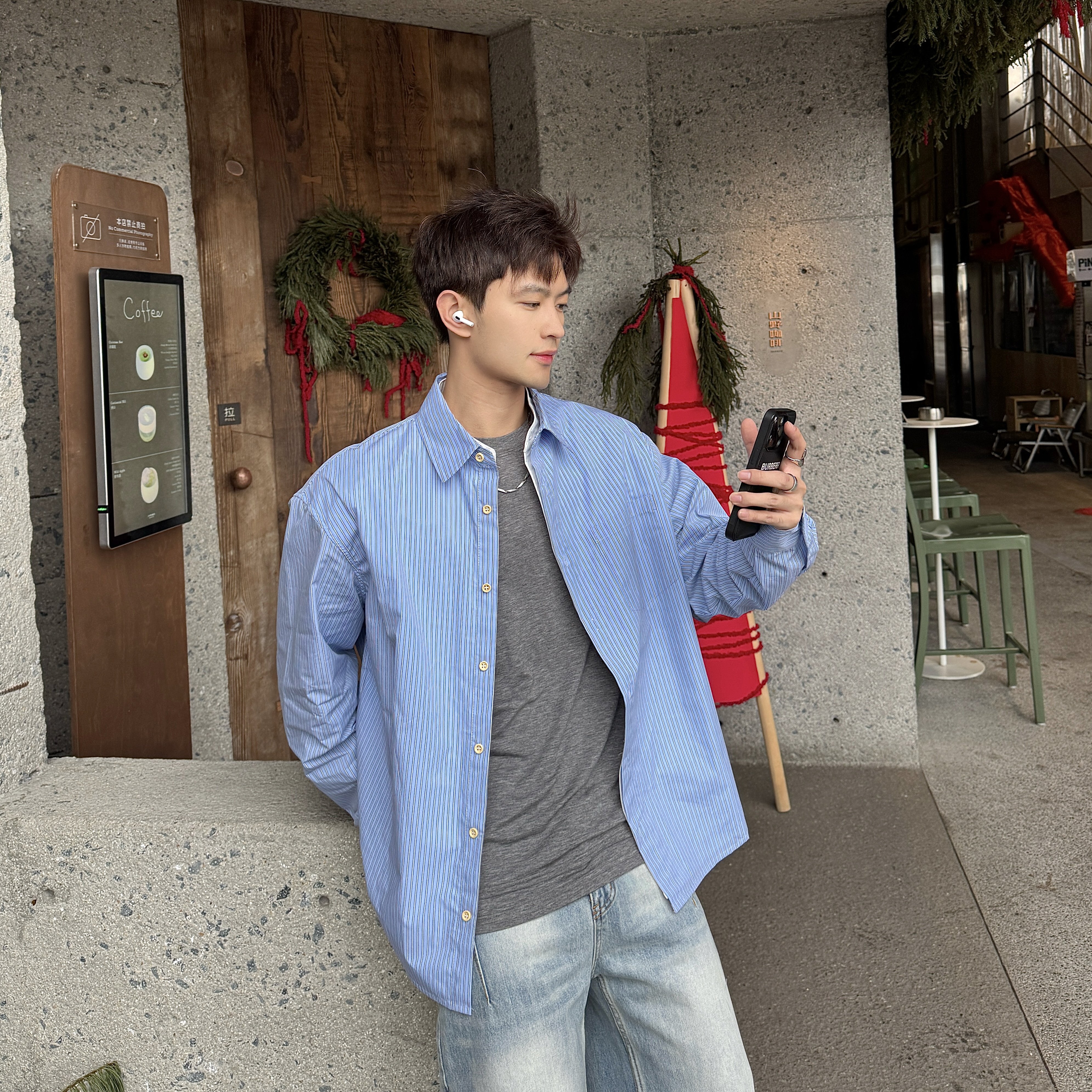 飞型记蓝色竖条纹假两件衬衫男长袖翻领宽松少年感boxy休闲外套,男装,衬衫,淘宝优惠券,粉丝福利购,淘宝优惠卷