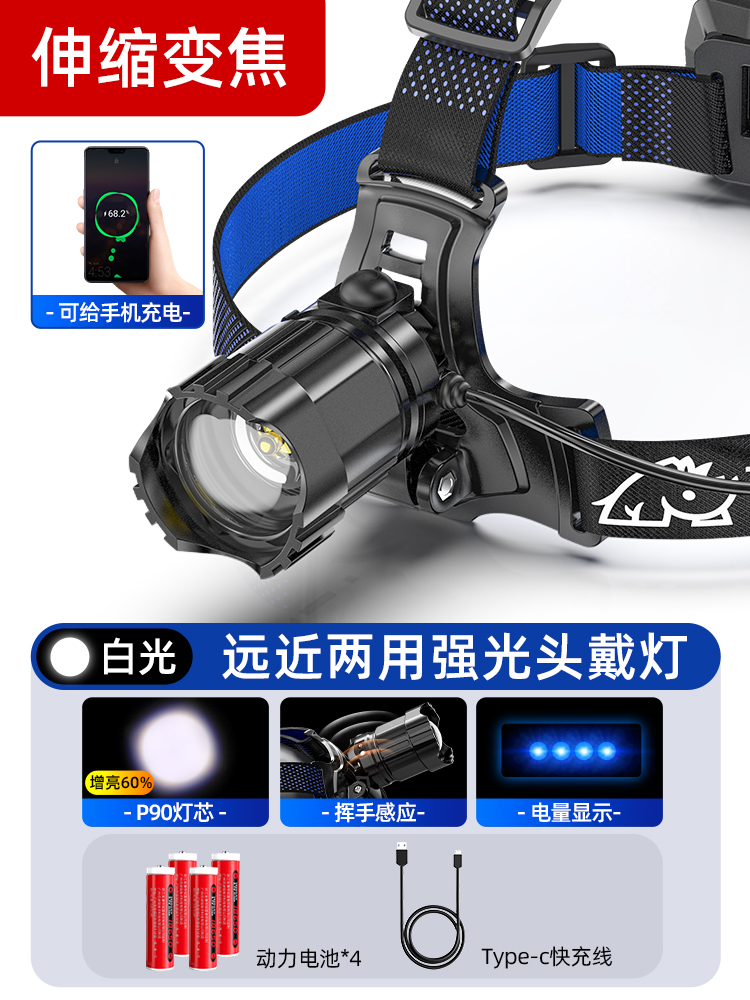 夜钓鱼头灯强光充电超亮头戴式疝气超长续航手电筒矿灯轻变焦专用