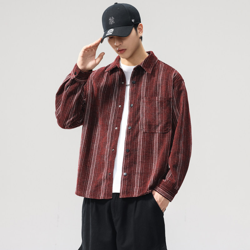 高端雪尼尔条纹提花长袖衬衫男秋季潮牌复古纹理休闲外套男,男装,牛仔衬衫,淘宝优惠券,粉丝福利购,淘宝优惠卷