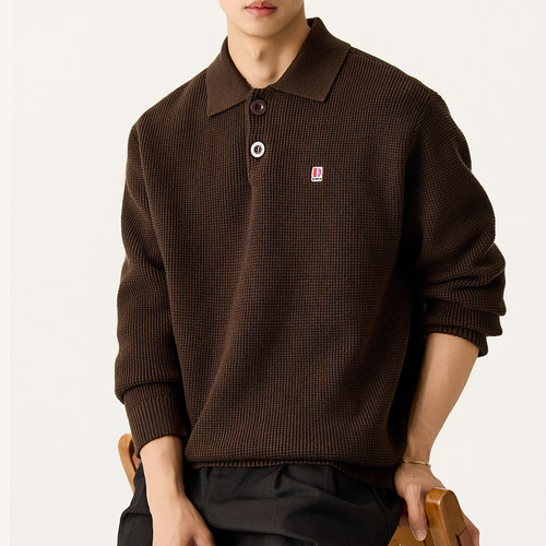 美式复古重磅毛衣男秋冬款翻领古着轻熟宽松长袖Polo老钱风针织衫