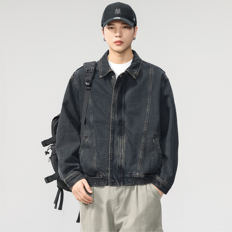 美式重磅复古牛仔外套男秋春新款纳米做旧潮牌宽松休闲夹克男秋季