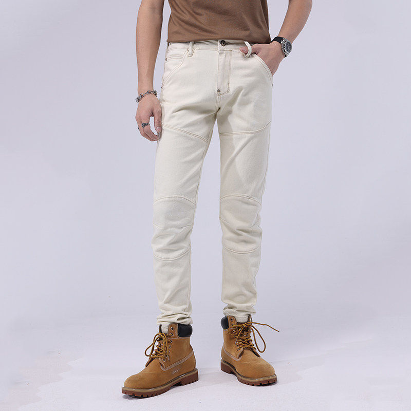 夏季复古拼接白色牛仔裤男潮流修身直筒弹力潮牌痞帅机车休闲长裤