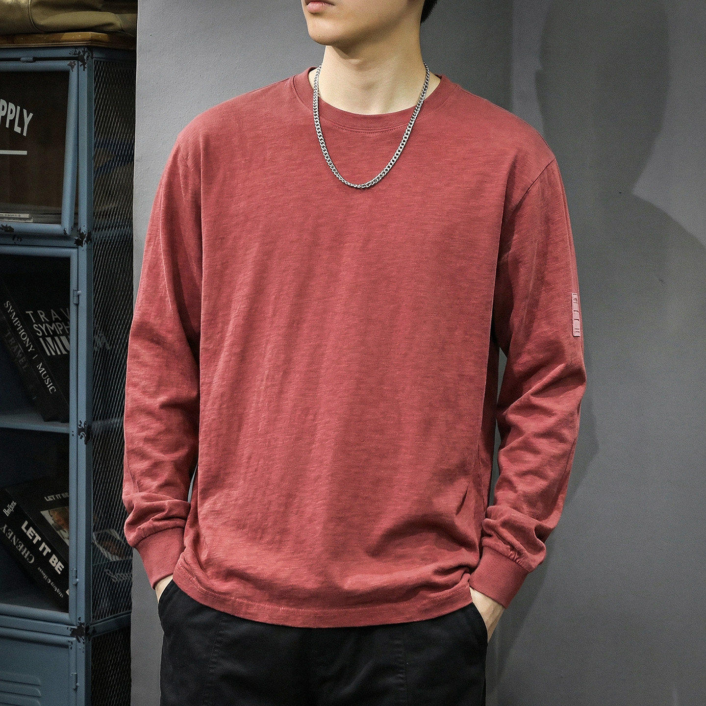 春季重磅圆领竹节棉长袖T恤男2026新款潮牌肌理感高级红纯棉卫衣
