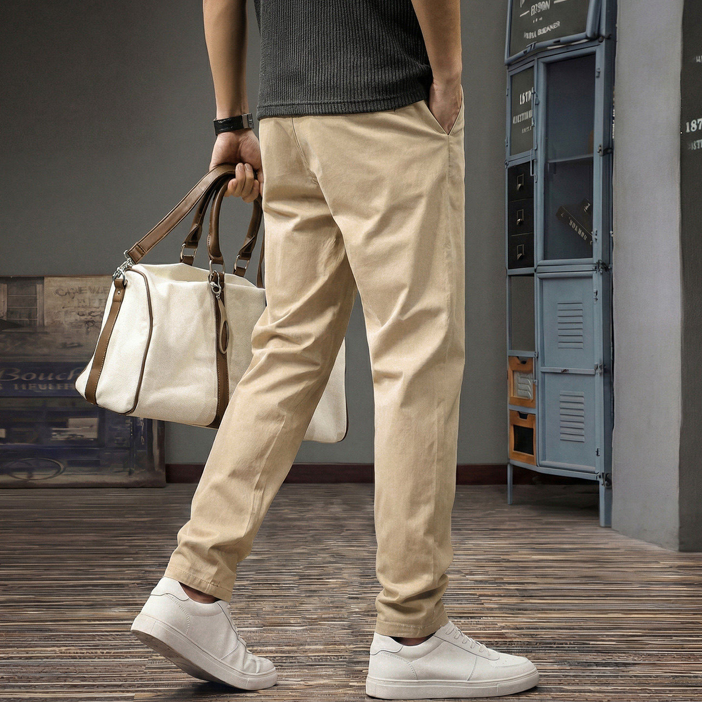 美式复古卡其色休闲裤男春季新款老钱风小直筒裤子男款修身小西裤