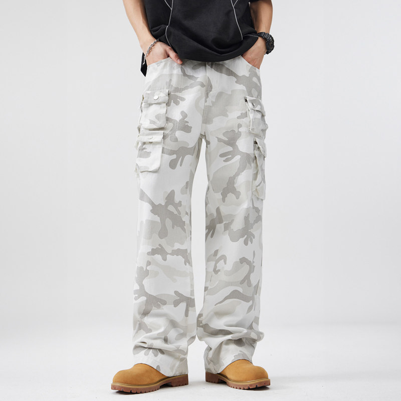 白色迷彩休闲裤男2025秋季新款多口袋工装裤美式直筒宽松阔腿裤子