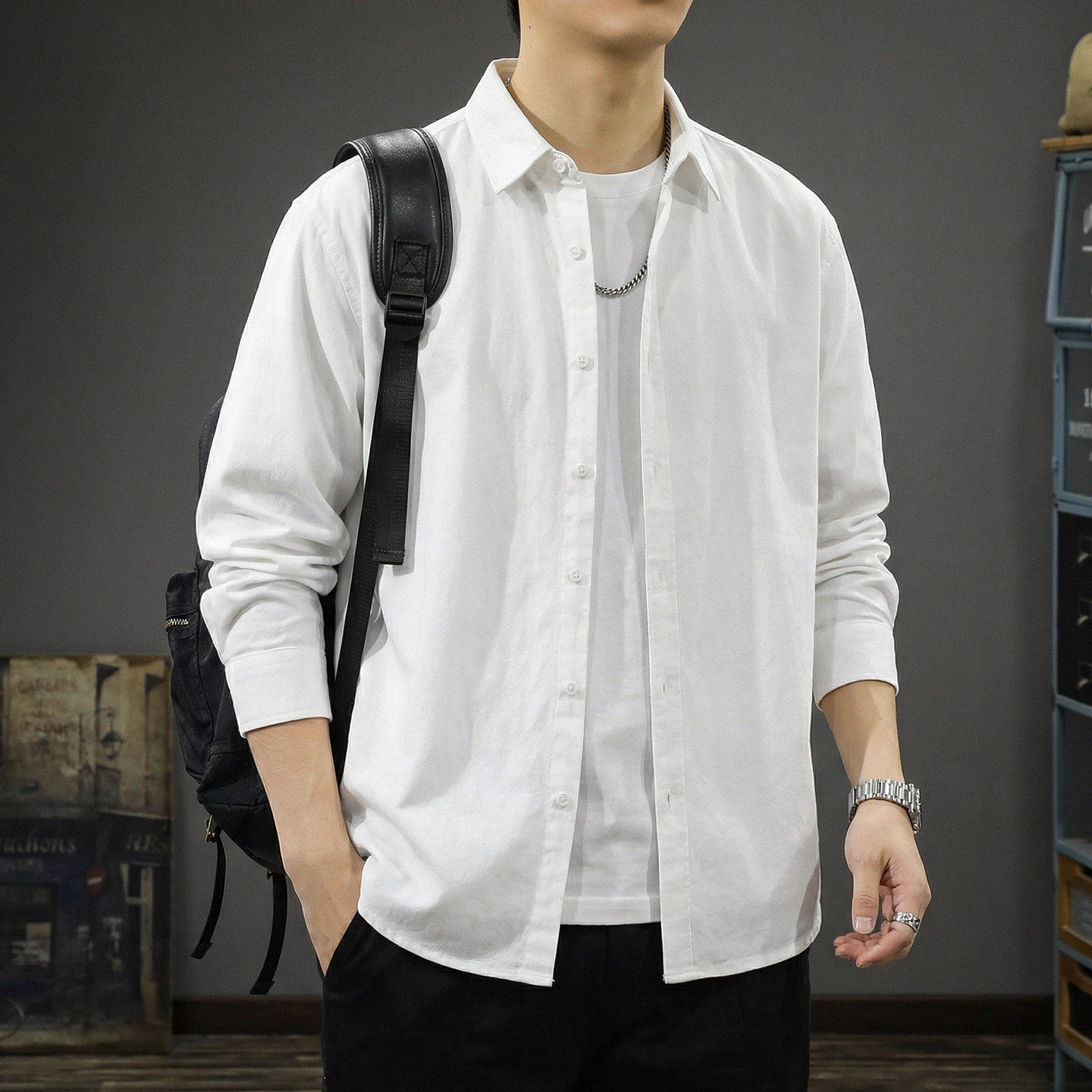 纯棉白色衬衫男春季2026新款高级感纯色长袖上衣男士开衫翻领外套