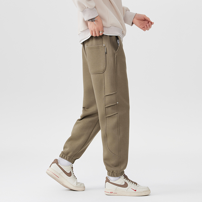 高端美式运动拼接束脚卫裤男秋季新款宽松潮流弹力针织休闲裤子男
