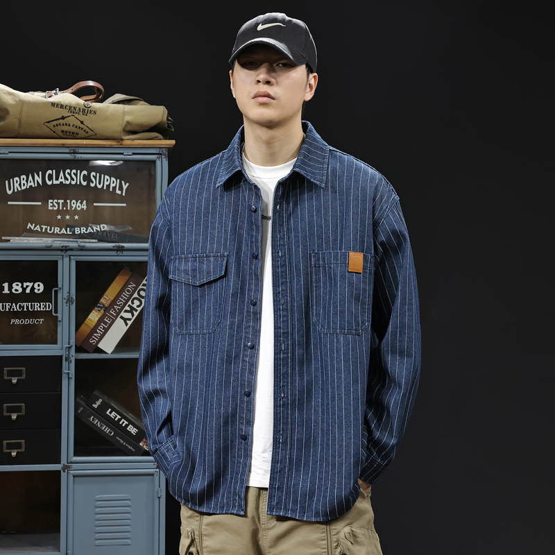 美式潮牌重工水洗渐变牛仔外套夹克男春秋工装衬衫百搭休闲外套男