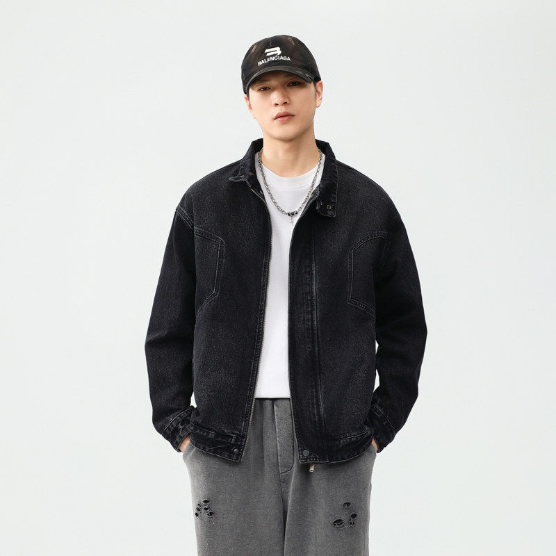 美式复古立领机车牛仔外套男2024秋季拉链开衫宽松骑行飞行员夹克