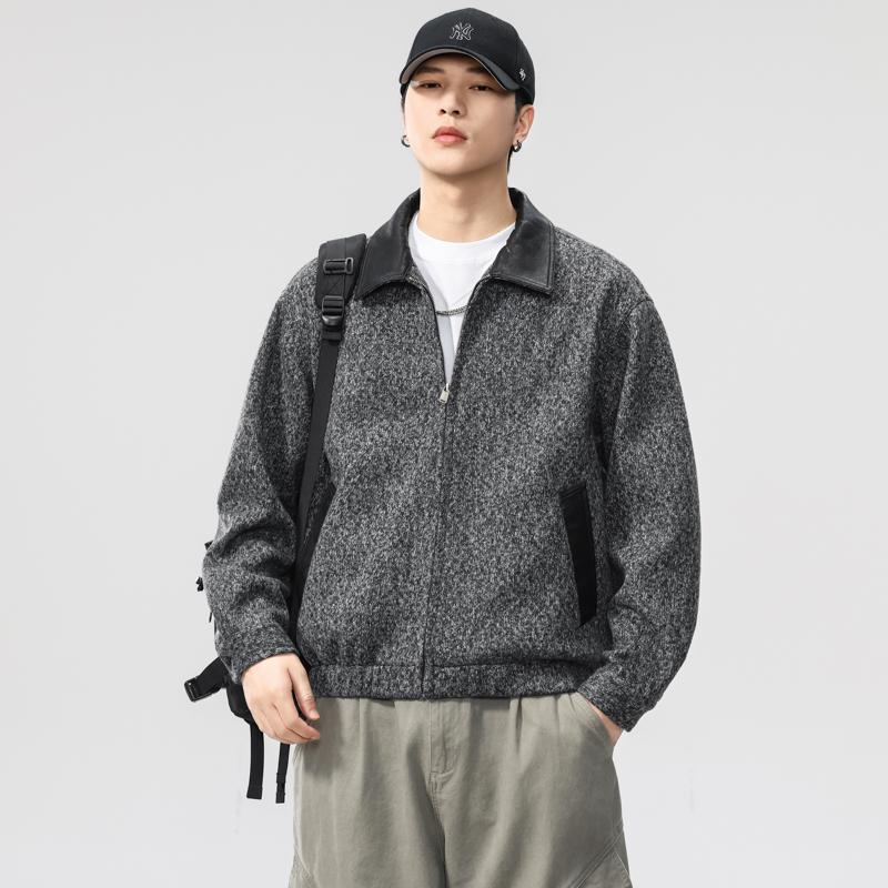 高端美式复古针织呢子潮牌夹克男秋季新款宽松痞帅翻领高街外套衫