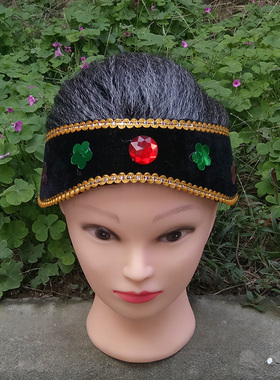 蓝色黄色老婆媒婆头套 戏剧头套老太太假发秧歌头饰 民间道具演出