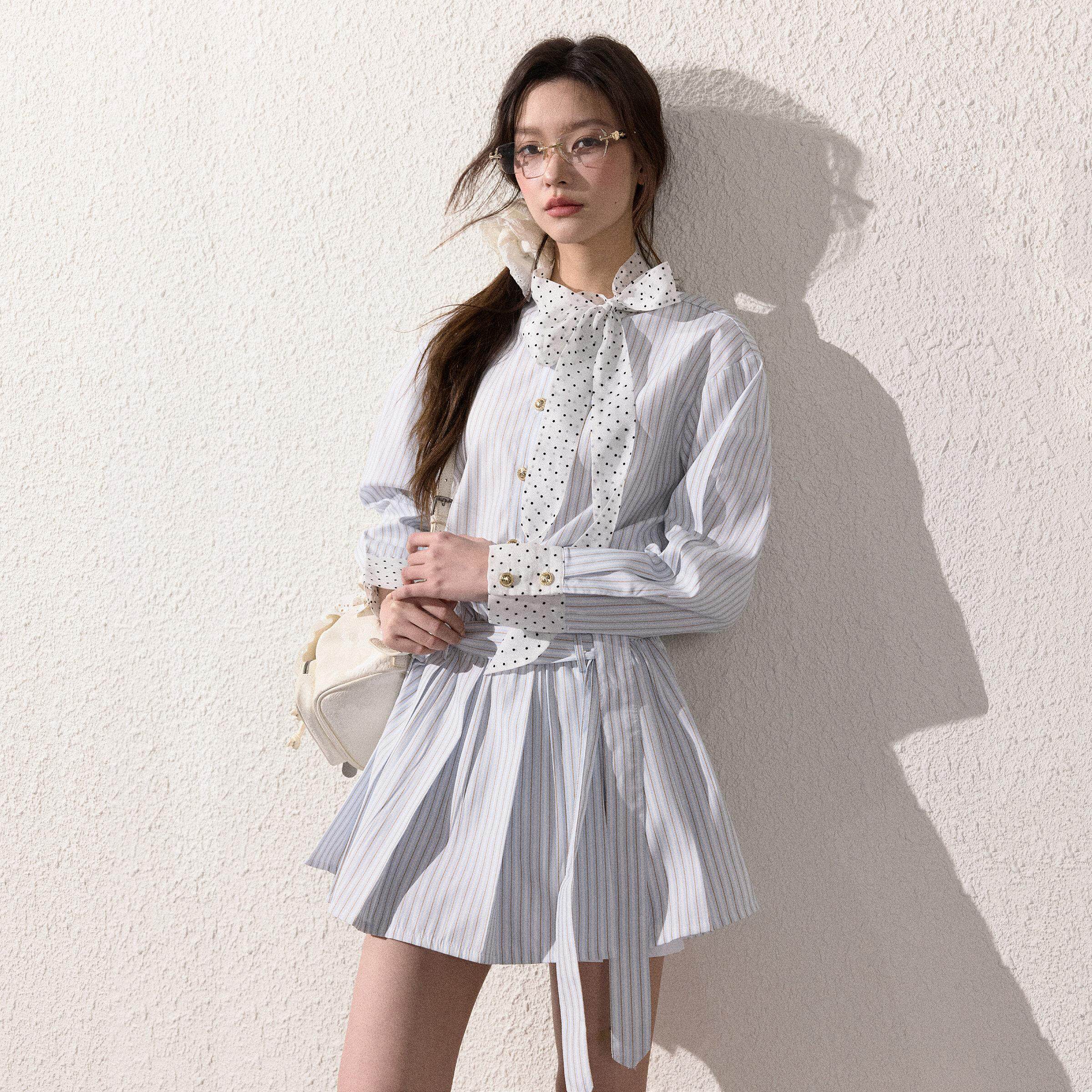 NEOTCG春夏季天丝波点条纹长袖衬衫洋装短裙子MIU系2025新款女