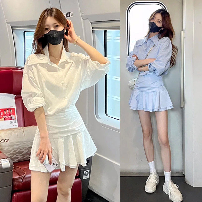 白色假两件长袖衬衫洋装子女装夏季2025新款小个子法式气质短裙