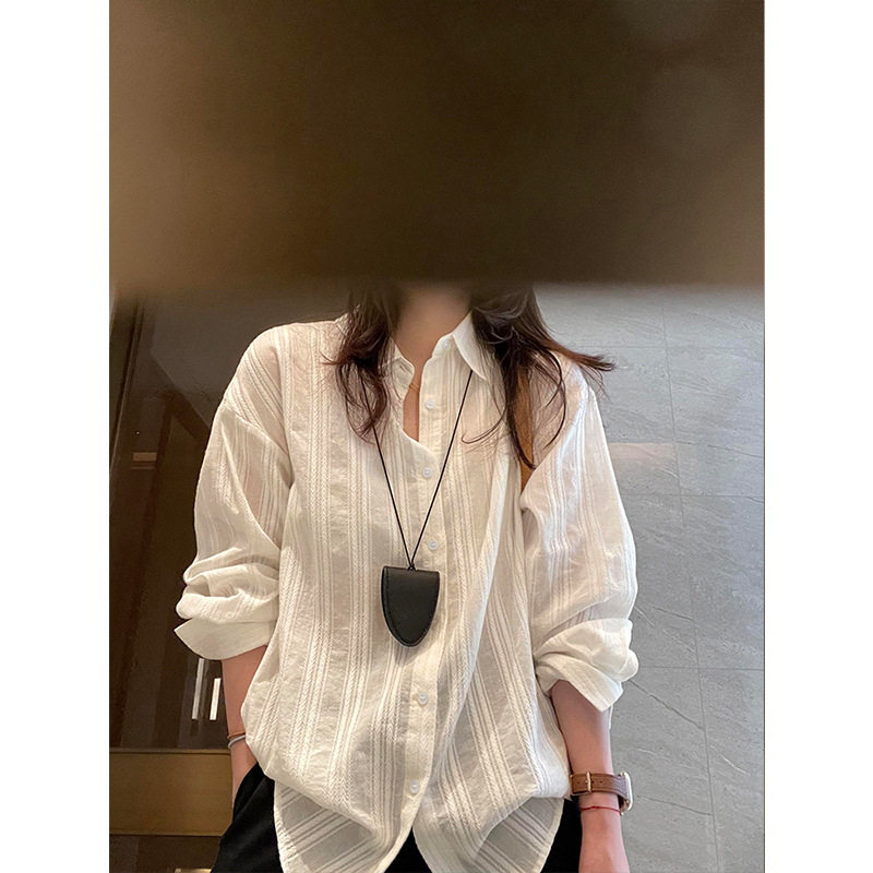 纯棉白色竖条纹衬衫女松弛感春夏宽松休闲衬衣长袖防晒上衣外套